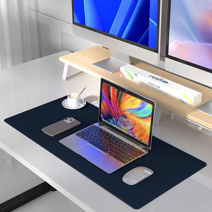 Leather Desk Pad Protector, Mouse Pad, Non-Slip Computer Mat for Desk, PU Leather Office Desk Mat for Home & Office, Waterproof Laptop Desk Blotter for Keyboard and Mouse, Navy (15.7''X31.5'')