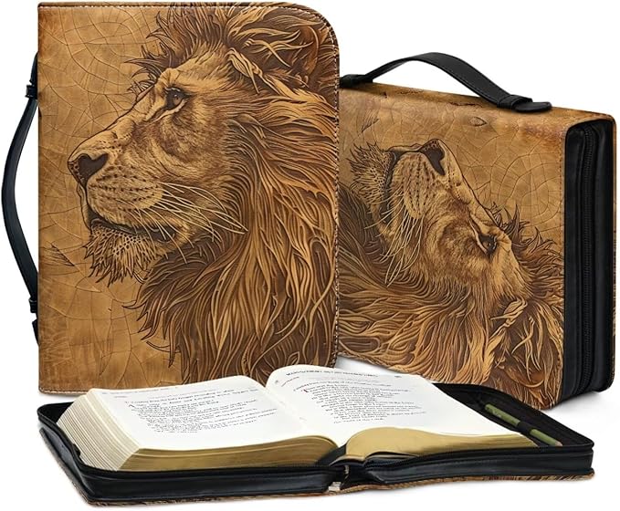 Lotusorchid Lion Print Bible Bag for Men, PU Leather Bible Cover Sturdy Bible Book Carrying Bags Christian Bible Study Accessories for Bible Study, Brown, XL