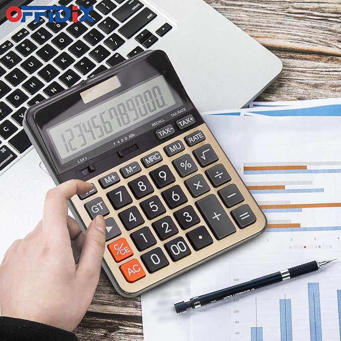 OFFIDIX Desktop Calculator with Large 12 Digit LCD Display, Solar Battery Dual Power, Perfect for Office, Home, School