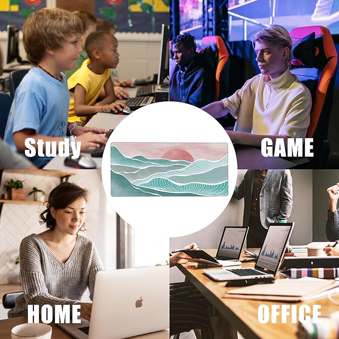 Ocean Wave and Mountain Large Gaming Mouse Pad,Waterproof Desk Mat for Desktop,Non-Slip Rubber Base Mousepad with Stitched Edges for Laptop Office and Home 35.4X15.7 Inch