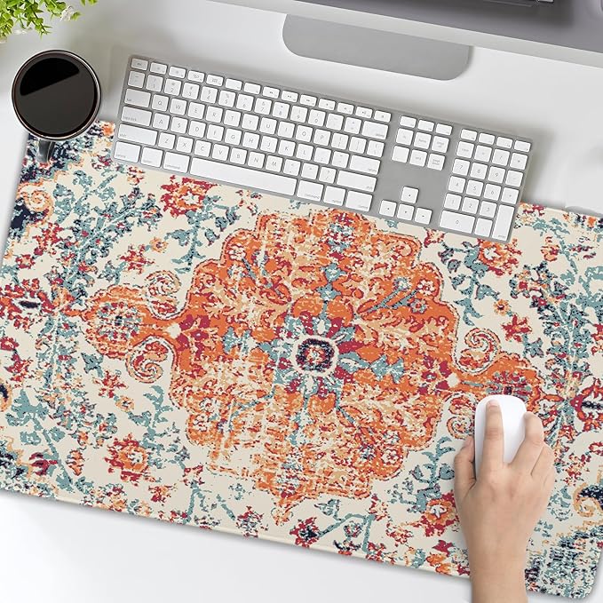 Orange Teal Boho Gaming Mouse Pad Large XL Rug Carpet Bohemian Retro Extended Large Desk Mat Big Mousepad Non-Slip Rubber Base Stitched Edge Long Desk Pad for Desktop Office PC Gamer,20x14 in,60x35cm