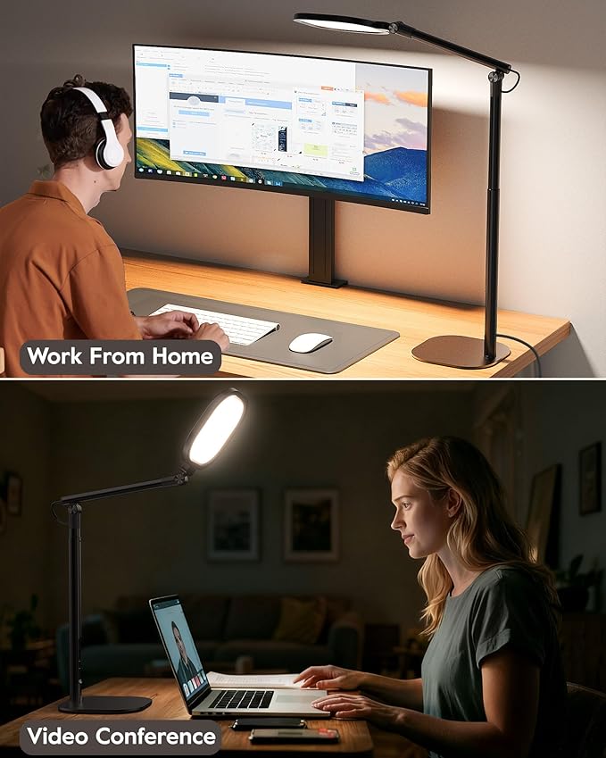 Led Desk Lamps for Home Office with Base, Tall Desk Lamp with 50 Light Modes & Memory and Timer Func Computer Light, Flexible Adjustable Table Lamps for Video Conference, Architect or Study( Black)