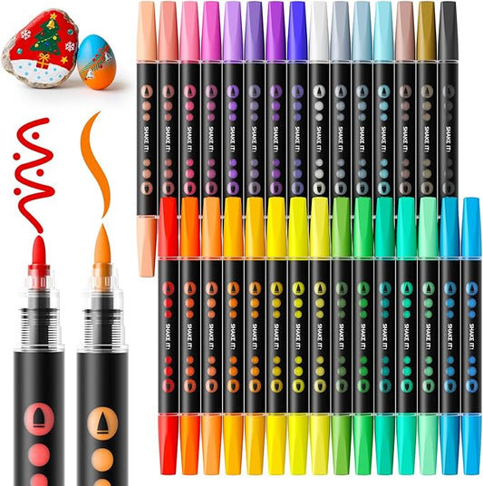SUNEE 30 Colors Acrylic Paint Markers, Dual Tip with Bullet and Brush Tip Paint Pens with Automatic Ink Control System, Coloring Markers for Rock, Wood, Canvas, Glass DIY Crafts Art Supplies Kit