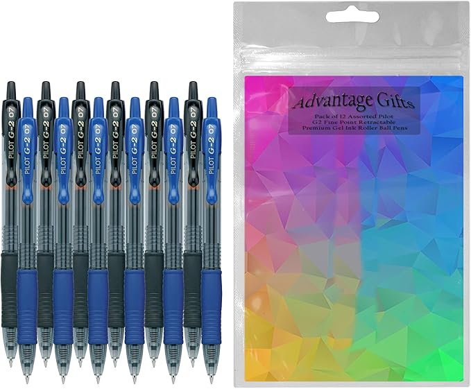 G2 Retractable Premium Gel Ink Roller Ball Pens Fine Point Fine Point (.7mm) Black/Blue Ink 12-pk; Refillable & Premium Comfort Grip Bundle with Plastic Reusable Pouch