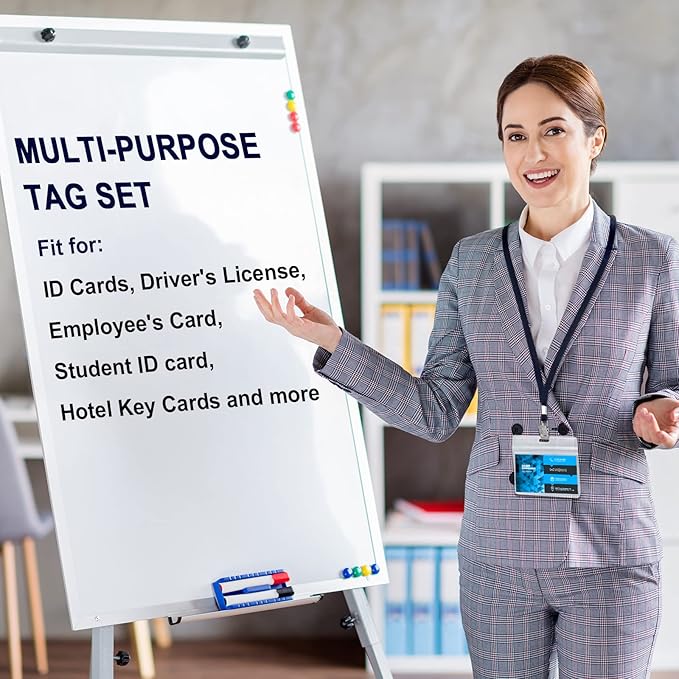 Marspark 100 Sets Clear Name Tags with Lanyard, Lanyards for ID Badges Reusable Strap with ID Holder Plastic Name Badges for Adults Business School Church Conference (Dark Blue)