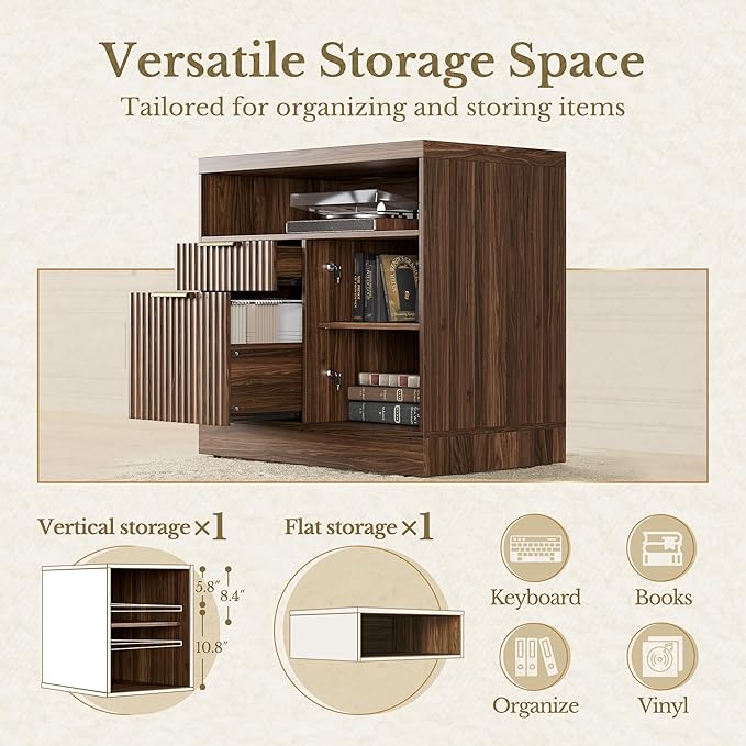 2 Drawer Fluted File Cabinet, 32'' Lateral File Cabinet with Lock and AC/USB for Legal/Letter/A4/F4 Size, Wood Filing Cabinet with Storage Shelves for Home Office, Black Walnut