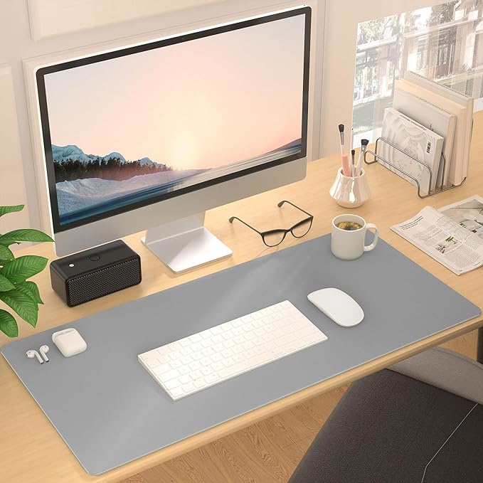 Leather Desk Pad Protector, Mouse Pad, Non-Slip Computer Mat for Desk, PU Leather Office Desk Mat for Home & Office, Waterproof Laptop Desk Blotter Pad for Keyboard and Mouse, Grey (13.7''X23.6'')