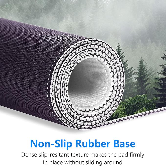 Misty Forest Gaming Mouse Pad Desk Pad Nature Fir Tree Woodland Large Gaming Mouse Mat with Stitched Edges,Non-Slip Waterproof Rubber Base Mous Mat Office Computer Keyboard Laptop Home 31.5"x11.8"