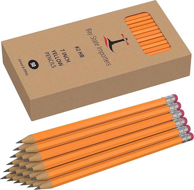 #2 Pencils 50 Pack, Pre-Sharpened HB Wood-Cased Yellow Pencil with Erasers, Bulk School Pencils for Classroom, Office, Teachers, Writing & Drawing