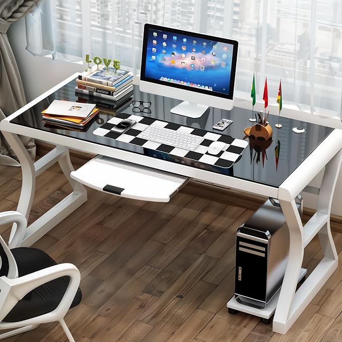 Non-Slip Checkered Desk Mat, Waterproof PU Leather Protector, Large Blotter, Easy Clean Laptop Writing Mat for Work/Home/Decor (31.5"x12", White Black)