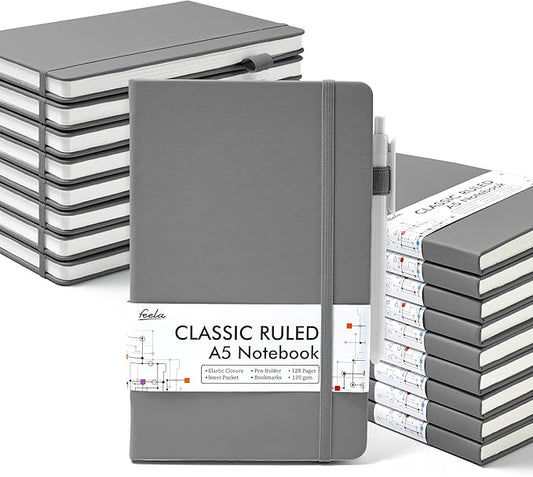 feela 18 Pack Journal Notebook for Work, Business Notebook Bulk Hardcover Lined Writing Journal with Pen Holder for Men Women Note Taking, with 18 Black Pens, 120 GSM, 5.1”x8.3”, A5, Gray