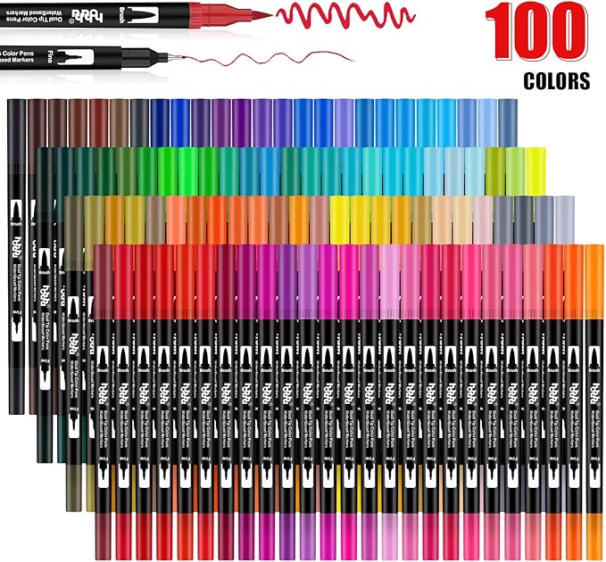hhhouu 100 Colors Fine Tip Markers Dual Tip Brush Pens Art Markers Set for Adult Coloring Drawing Bullet Journals Planners Hand Lettering Calligraphy HO-100B