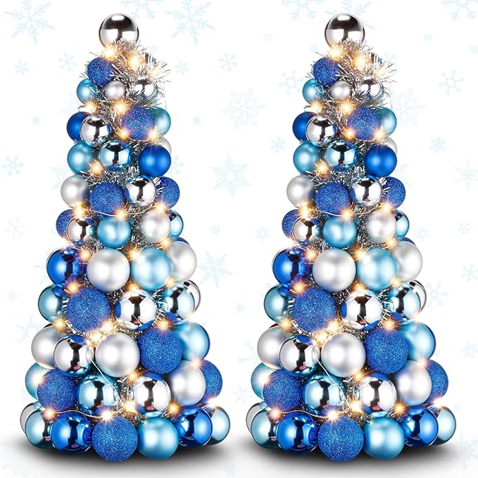 Meooeck 2 Pcs Christmas Ball Tree with Lights 16 Inch LED Fireplace Table Holiday Xmas Tree Decorations Tabletop Christmas Beach Decorations for Party (Blue,Silver)