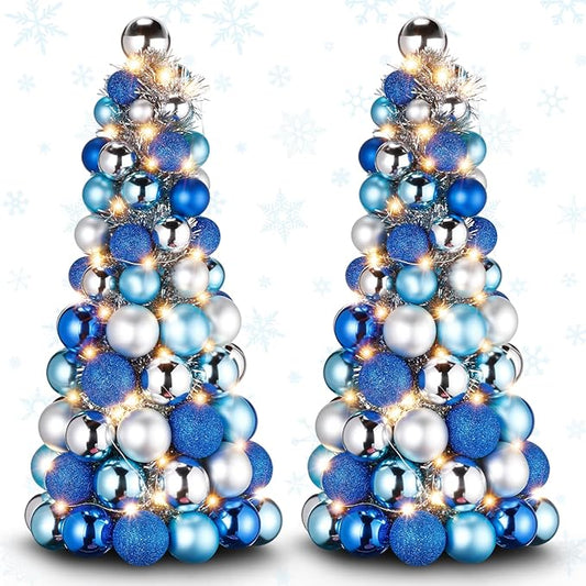 Meooeck 2 Pcs Christmas Ball Tree with Lights 16 Inch LED Fireplace Table Holiday Xmas Tree Decorations Tabletop Christmas Beach Decorations for Party (Blue,Silver)