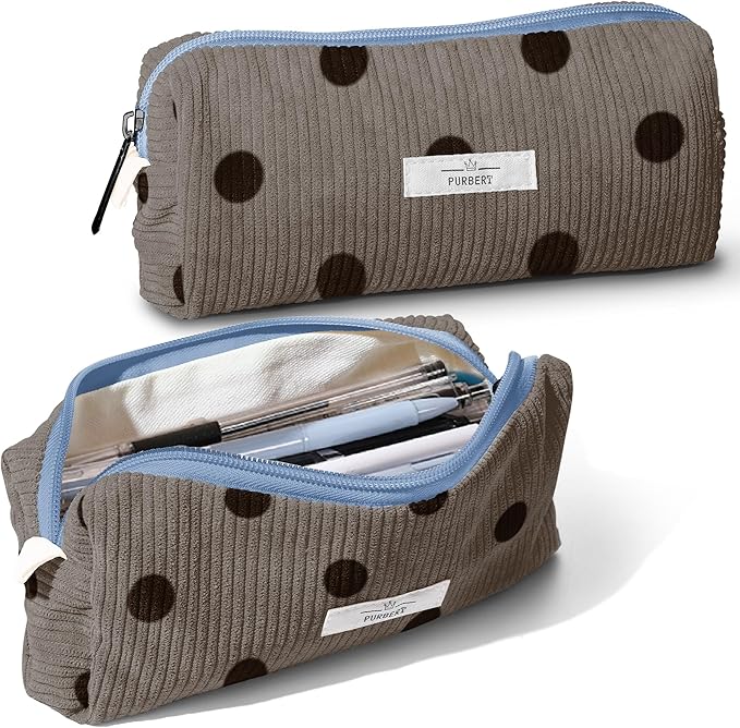 Pencil Bag Pen Case, Soft Corduroy Small Pencil Pouch Organizer with Zipper, Cute Pencil Case Pouch Stationery for Girls and Boys – Dot Grey