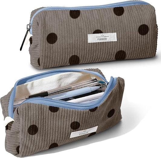 Pencil Bag Pen Case, Soft Corduroy Small Pencil Pouch Organizer with Zipper, Cute Pencil Case Pouch Stationery for Girls and Boys – Dot Grey
