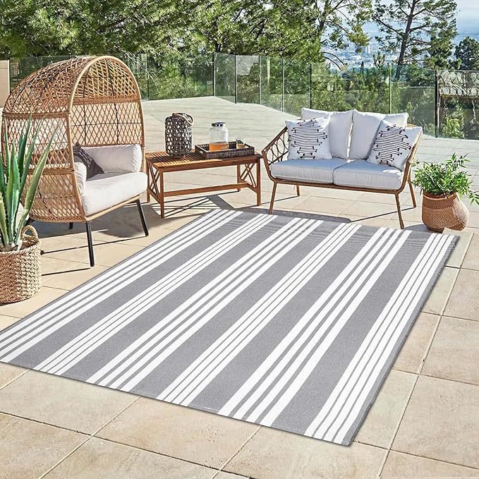OJIA Outdoor Area Rug 4'x6', Gray and White Outdoor Rug Machine Washable Patio Rugs Cotton Hand Woven Entryway Rug Indoor Outdoor Rugs for Bedroom Living Room Porch Decor Deck Backyard Camping