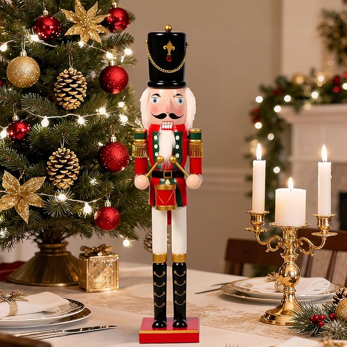 Nutcracker Christmas Decor, 18" Wooden Nutcracker Soldier Christmas Decoration Home Mantle Table Fireplace Christmas Ornaments for Festival Party(18" Hat Drum Nutcracker)