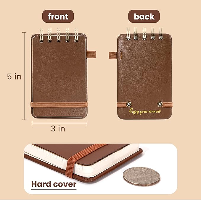 Yoment Small Notebooks 3x5 Leather Pocket Notepad 150 Pages Mini Top Spiral Notebook, 100 GSM Thick Paper, Memo Note Pads for Work School Nursing, Brown
