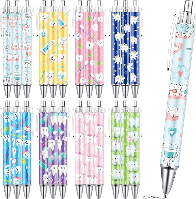 Dental Ballpoint Pens Gifts - 24PCS Tooth Themed Pens Sets Dental Assistant Ball Point Pens Retractable Smooth Writing Pens for Dental Hygienist Office Stationery Home School Supplies
