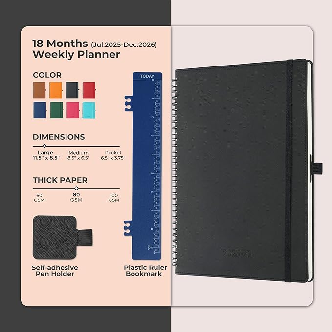 Planner 2025-2026 Daily Weekly and Monthly,11.5"x8.5",18 Months Spiral Bound Calendar Agenda with Self-adhesive Pen Holder,2026 Academic Plan with Vegan Leather Soft Cover,Black
