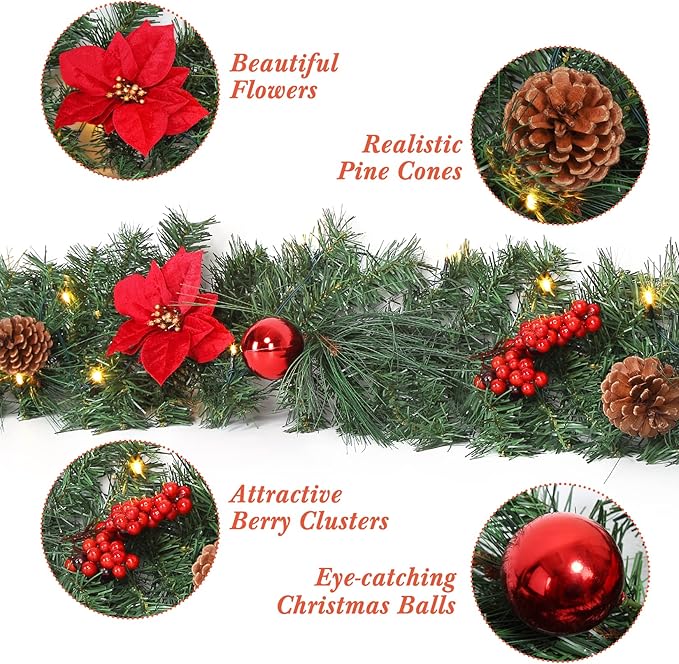 LinTimes 6ft Christmas Garland with Lights, Battery Operated Garland Christmas Decoration with Red Poinsettia Pinecones Ball Ornaments, Christmas Mantle Decorations Staircase Fireplace Decor