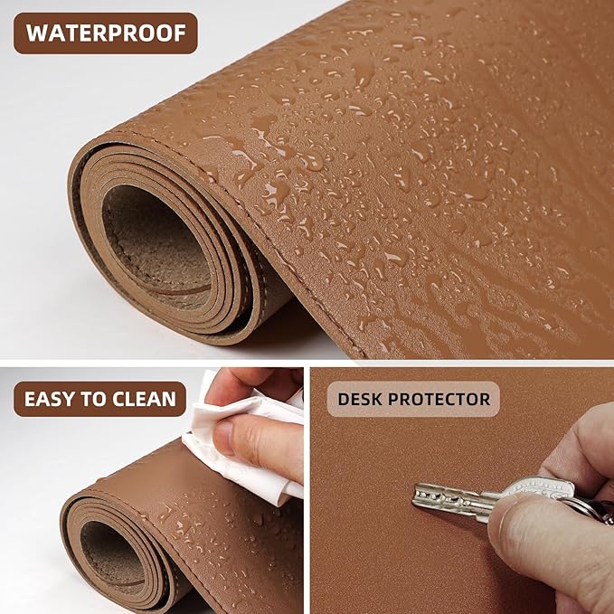 Leather Desk pad Protector, Large Desk mat with Natural Cork & PU Leather,Mouse pad,Non-Slip Office Desk Mat,Waterproof Desk Writing Pad for Office and Home (47in*17in, Brown)