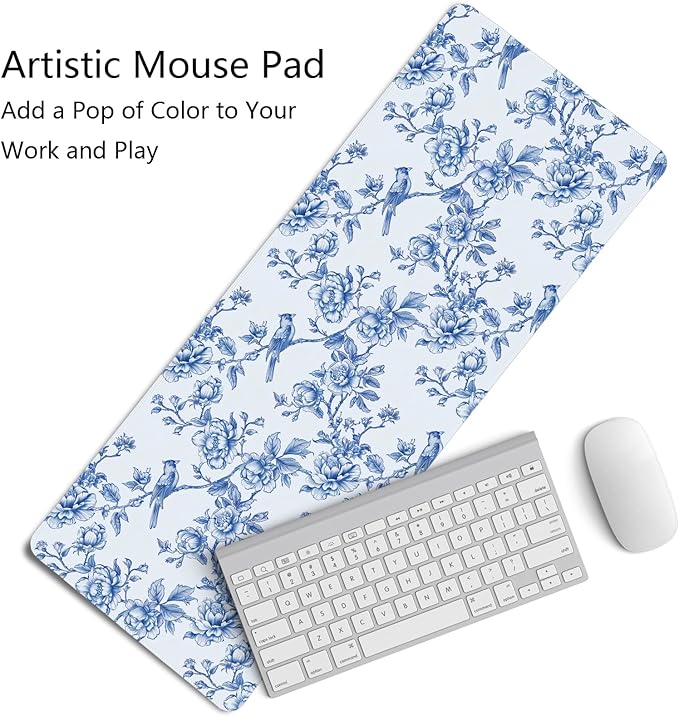 Navy Blue Chinoiserie Mouse Pad,Vintage Blue and White Floral Desk Mat,XL Large Flowers and Birds Preppy Mouse Pad,Girly Laptop Desk Mat for Dorm Home Office,31.5x11.8 Inch