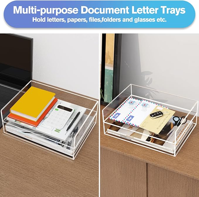 MaxGear 2-Tier Acrylic Letter Tray, Stackable Desk Paper Organizer, Clear File & Document Tray with Pull-Out, Acrylic Desk Organizer for Papers, Folders & Office Accessories