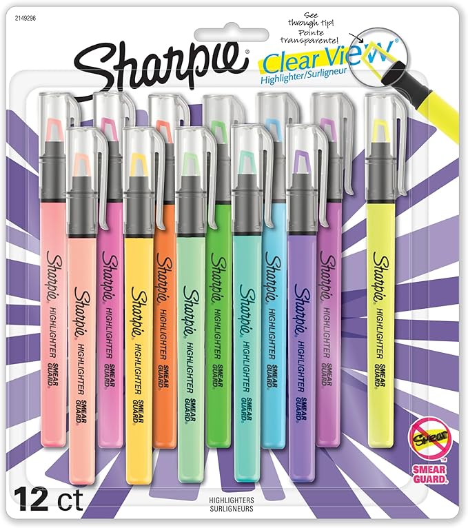 Sharpie Highlighter Clear View Highlighter with See-Through Chisel Tip Stick Assorted 12 Count