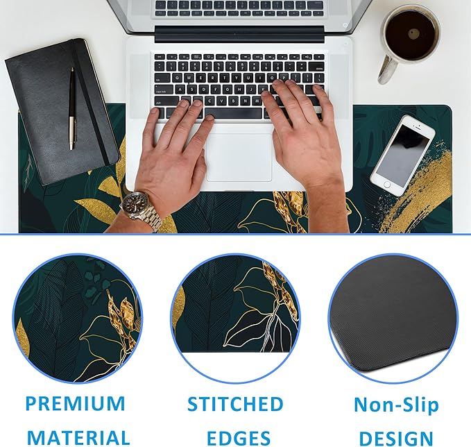 Luxury Green Summer Desk Mat,Large Gaming Mouse Pad,Non-Slip Rubber Base Desk Pad with Stitched Edges for Desk Office Home Decor 35.4X15.7 Inch