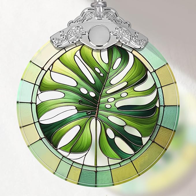 Monstera Leaf Stained Glass Ornament - Christmas Tree Decorations, Holiday Presents, Gift Exchange Ideas