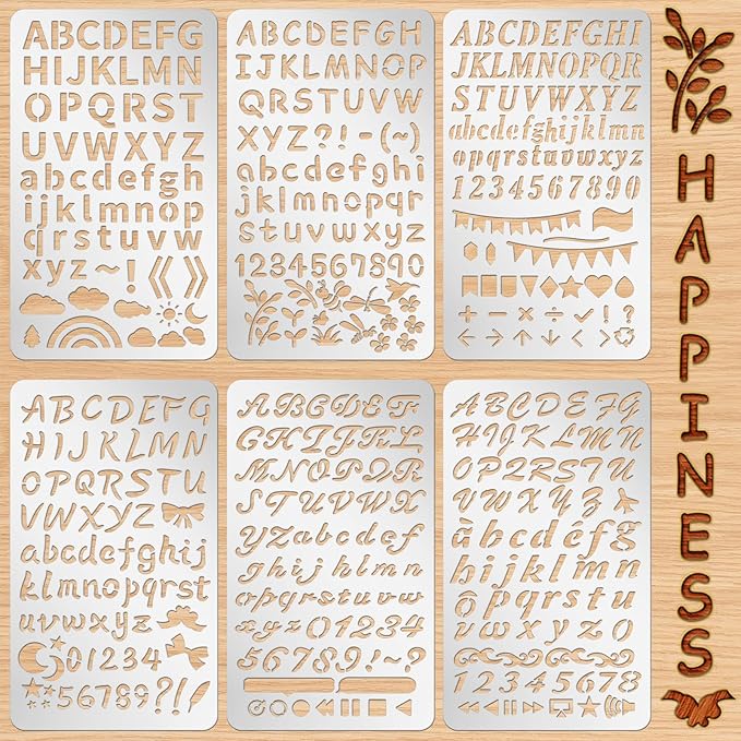 Lewtemi 6 Pcs Mixed Metal Stencil Wood Stencil Templates Stencils for Journaling Burning Stencils for Wood Carving Drawing Engraving Scrapbooking Journal Craft DIY (Letter Style)