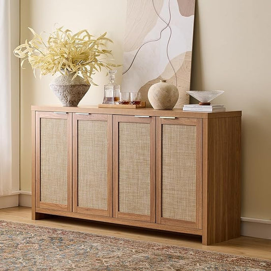 Walsham 61'' Buffet Cabinet with Storage, Adjustable Shelf Sideboard Rattan Entryway Console Cabinet with Doors Modern Credenza Coffee Bar Station for Kichen Living Room Holds 410lb Weathered Oak