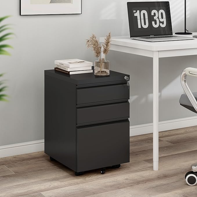 YITAHOME 3 Drawer File Cabinet with Lock, 20" Deep Office Vertical Files, Mobile Metal Filing Cabinet, Metal Vertical Filing Storage Cabinet for Letters/Legal/A4 Size,Black