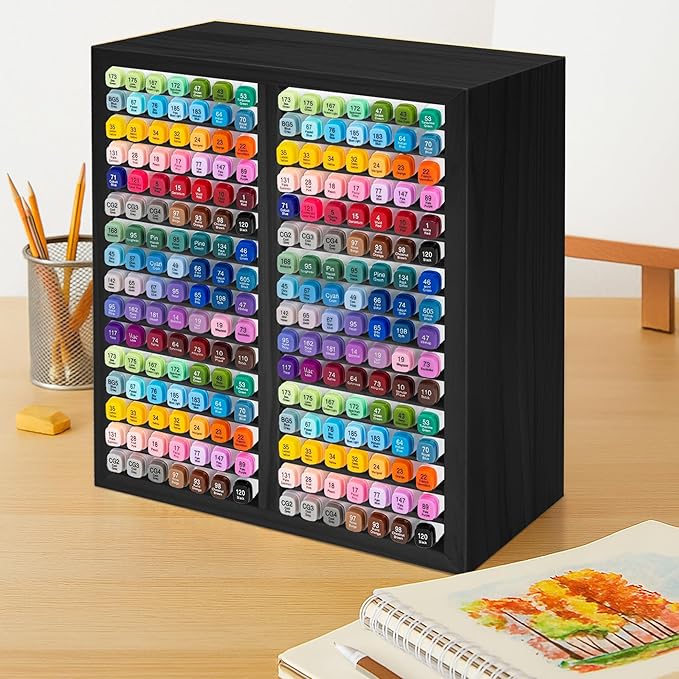PROLEE Marker Storage Organizer for 224 Markers,Wooden Alcohol Marker Holder with 32 Slots,Markers Pens Pencils Art Supply Storage Rack for Desk Home Classroom Office Decor (Black, 15“x11”x5.2 “)