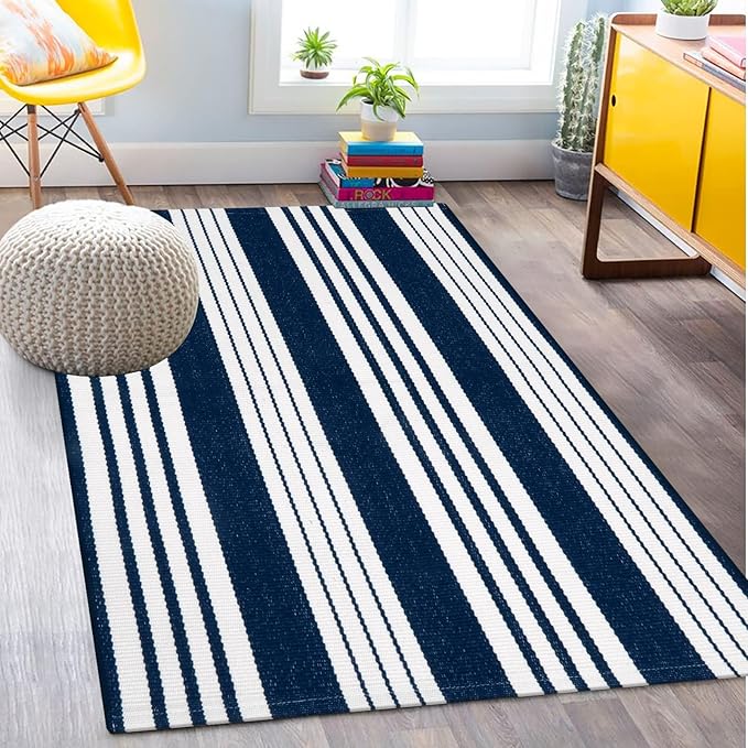 OJIA Blue and White Outdoor Rug 3’x5‘ Cotton Woven Christmas Striped Front Porch Rug Machine Washable Indoor Outdoor Rugs Farmhouse Entry Rug Layered Door Mat for Entryway/Kitchen/Laundry/Living Room