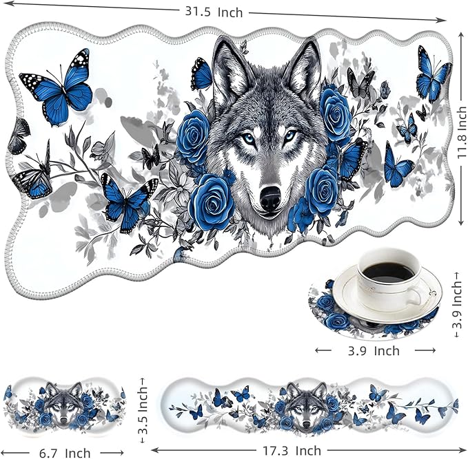 Large Mouse Pad and Keyboard Wrist Rest, Desk Pad for Keyboard and Mouse, 4-in-1 Large Gaming Mouse Pad with Wrist Support, Desk Mat for Home Office Study Game-Wolf Butterflies