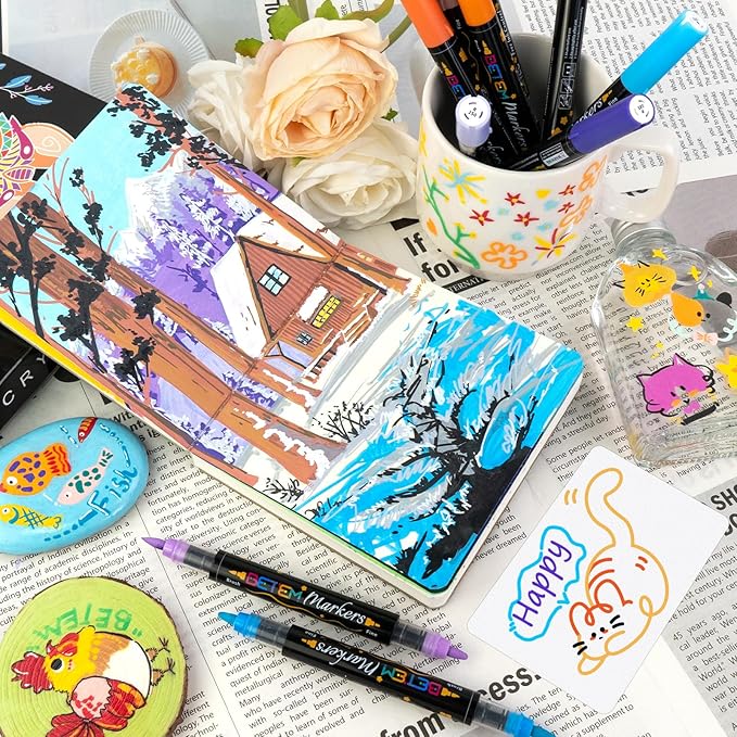 Acrylic Paint Markers Paint Pens, 36 Colors Dual Tip Direct Liquid Acrylic Markers with Automatic Ink Control System, Fine & Brush Tip Art Supplies for Rock Painting, Wood, Stone, Fabrics, DIY Craft