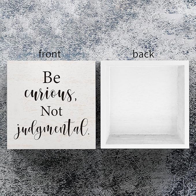 mmiishe Inspirational Wooden Box Sign Decorative Motivational Be Curious Not Judgmental Wood Box Sign Home Bedroom Office Decor Rustic Farmhouse Square Desk Decor Sign for Shelf 5 x 5 Inches