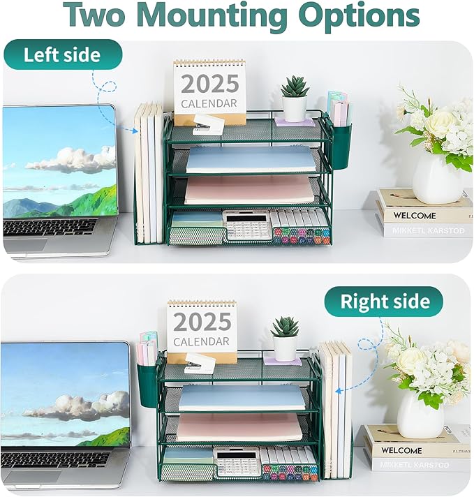 OPNICE Desk Organizer and Accessories, 4-Tier Desktop File Organizer with Drawer and 2 Pen Holders, Office Desk Accessories, File Sorters, Workspace Organizers for Office Supplies(Dark Green)