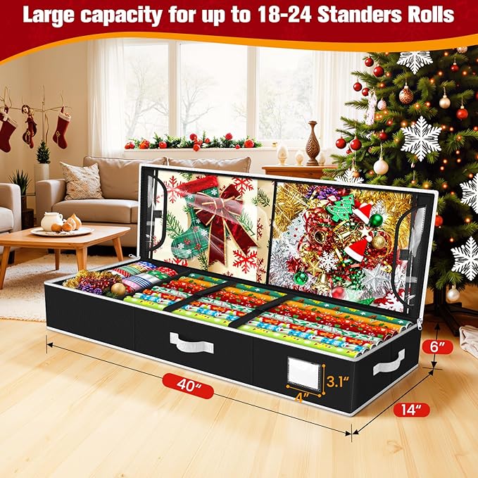 Wrapping Paper Organizer Storage, Christmas Wrapping Paper Storage for Christmas Decorations, Ribbon, Accessories, Underbed Gift Wrap Container with Flexible Partition, Interior Pockets(Black)