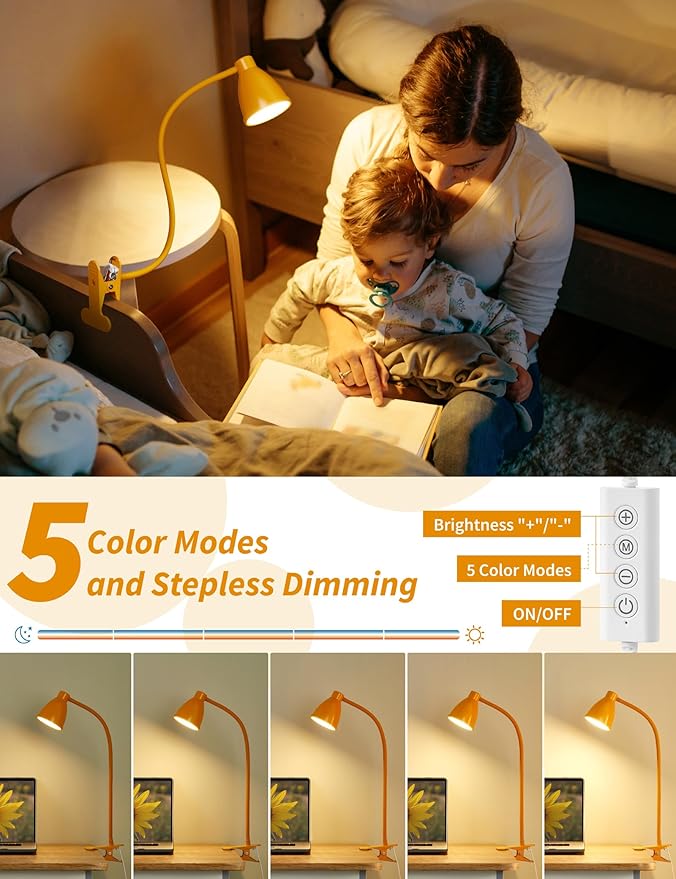 BOHON Clip on Light, 10W 38 LED Desk Lamp with Clamp, 5 Color 10 Brightness Auto Off Timer, Flexible Neck Clip Lamp, Desk Lights for Office Home Bed Bedside Reading, Bright Yellow