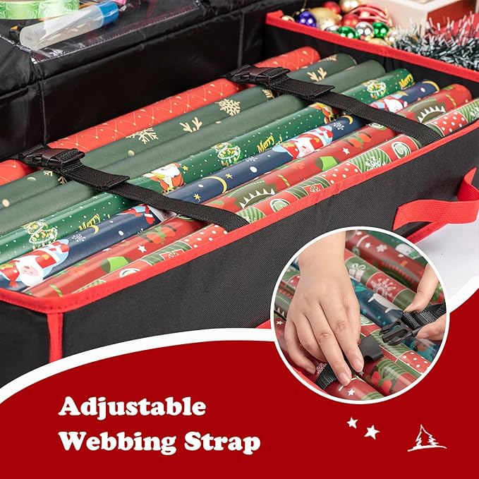 Wrapping Paper Organizer Storage for Christmas Gifts Wrapping Paper Storage, 600D Oxford Fits Ribbon, Ornaments, Holiday Accessories Flexible Partitions and Pockets （Black）