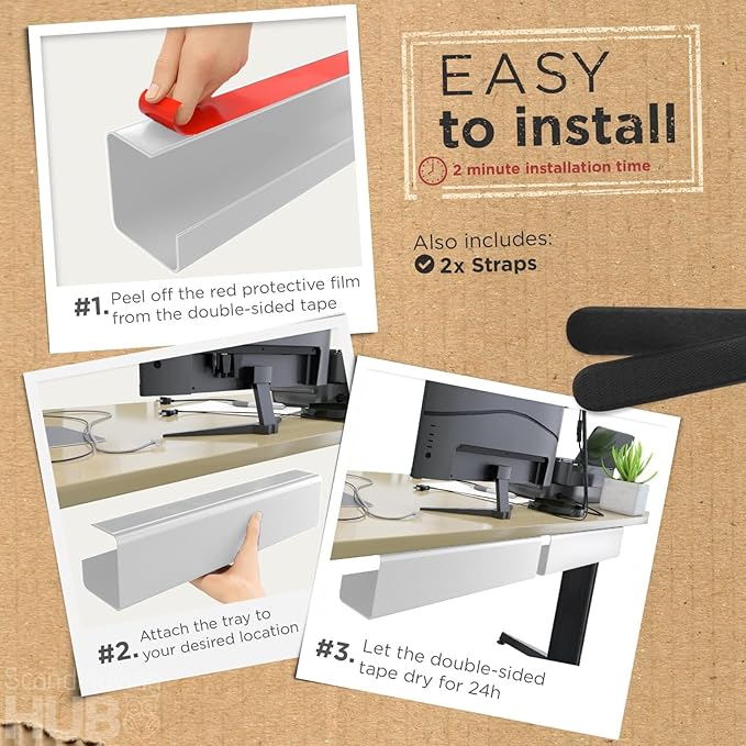 No-Screw Under Desk Cable Management Tray - Self-Adhesive Installation, Cord Management, Cable Tray, Under Desk Wire Organizer - White Set of 2