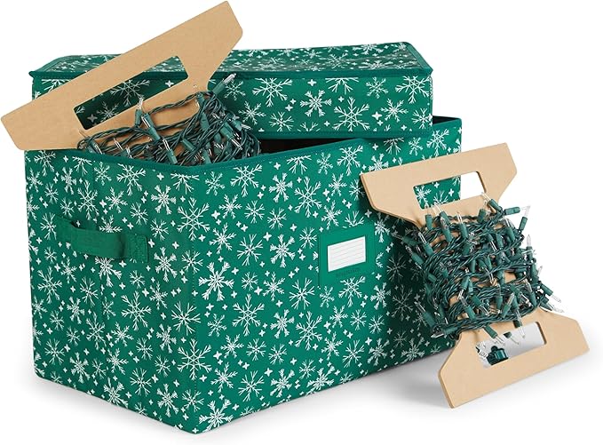 Covermates Keepsakes Christmas Light Storage Box - Carrying Handles, Sturdy Interior Walls - Holiday Storage, Green Snowflake