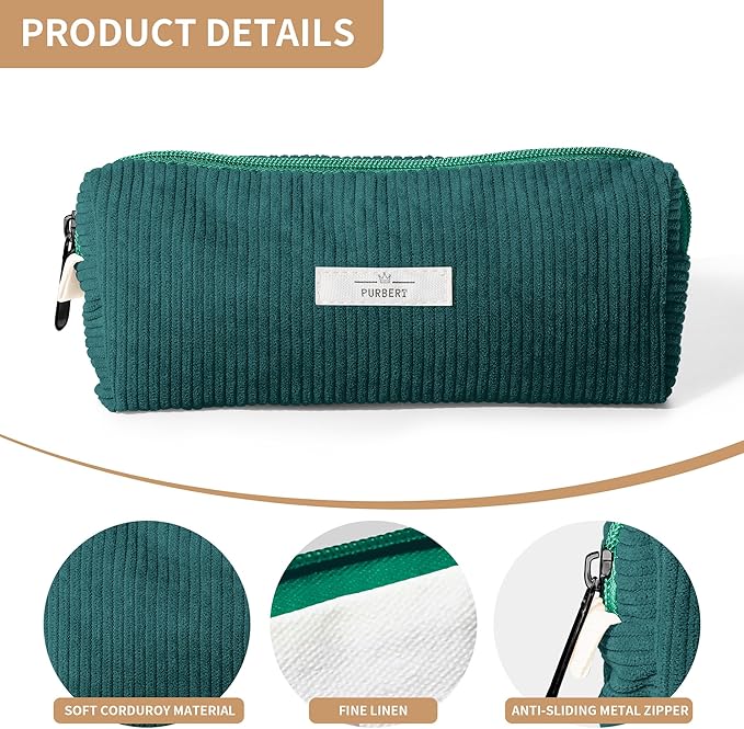 Pencil Bag Pen Case, Soft Corduroy Small Pencil Pouch Organizer with Zipper, Cute Pencil Case Pouch Stationery for Girls and Boys – Dark Green