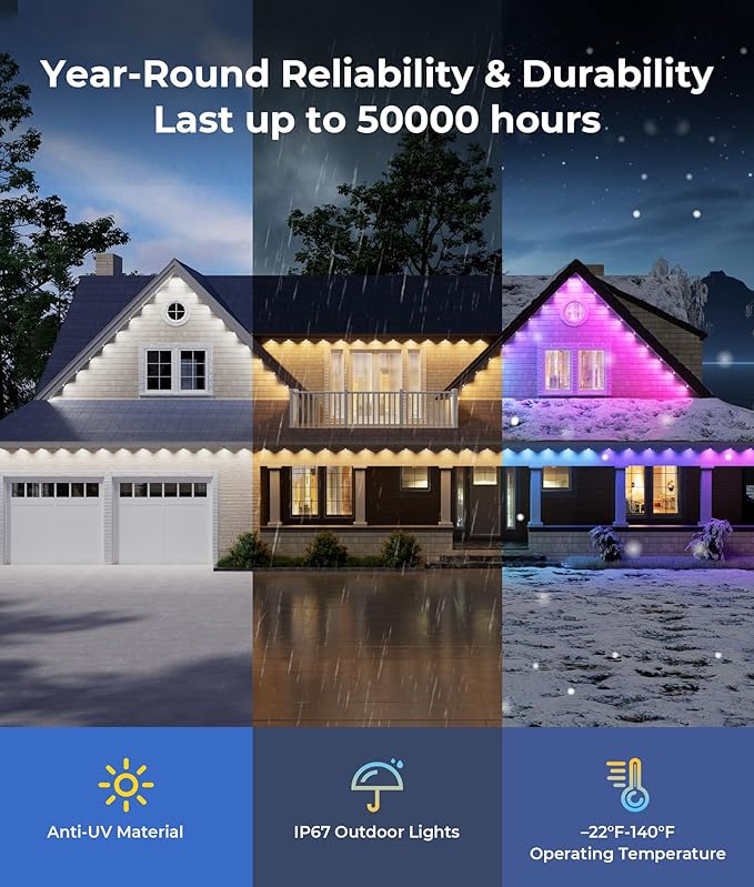 Permanent Outdoor Christmas Lights Pro, 100ft RGBWW & 60LM Triple-LED Smart Lights, Christmas Decorations Outdoor with 79 Scene Modes, IP67 Waterproof Work with Alexa, Google Assistant