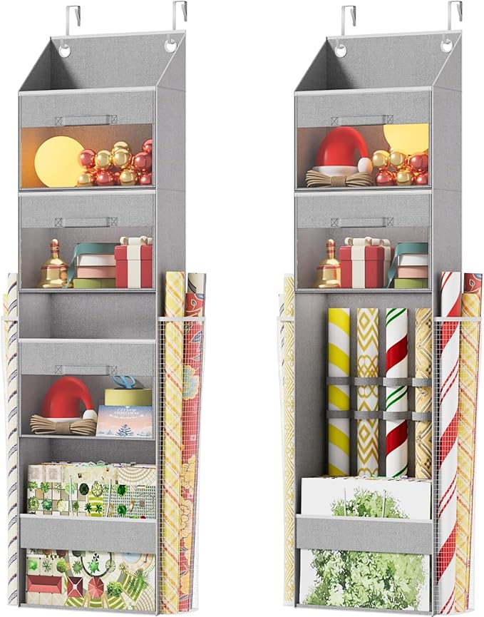 Ofiray-home Light Grey Over Door Wrapping Paper Organizer Storage with 3 Removable Drawers & Side Pockets –Dual Use Design with Elastic Straps Wrap Storage for Ribbons,Bows,Ornament and Other Tools
