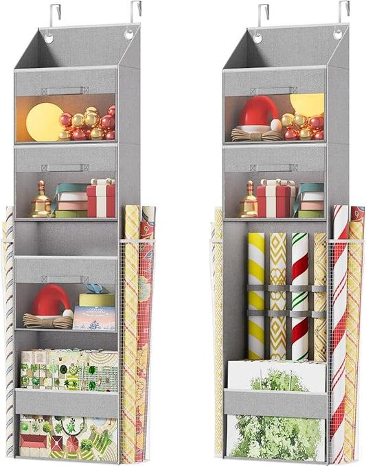 Ofiray-home Light Grey Over Door Wrapping Paper Organizer Storage with 3 Removable Drawers & Side Pockets –Dual Use Design with Elastic Straps Wrap Storage for Ribbons,Bows,Ornament and Other Tools